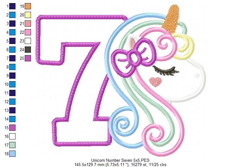 Unicorn Number 7 Seven 7th Seventh Birthday Number 7 - Applique