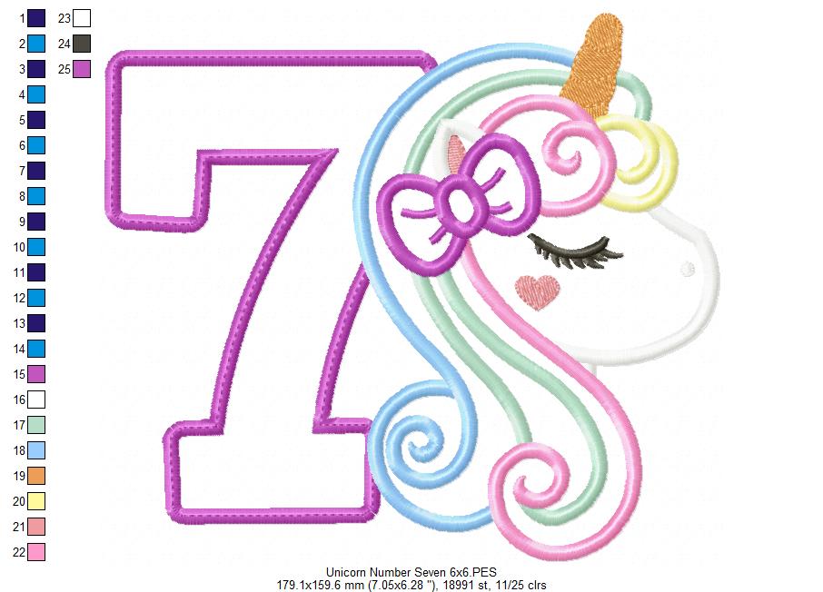 Unicorn Number 7 Seven 7th Seventh Birthday Number 7 - Applique