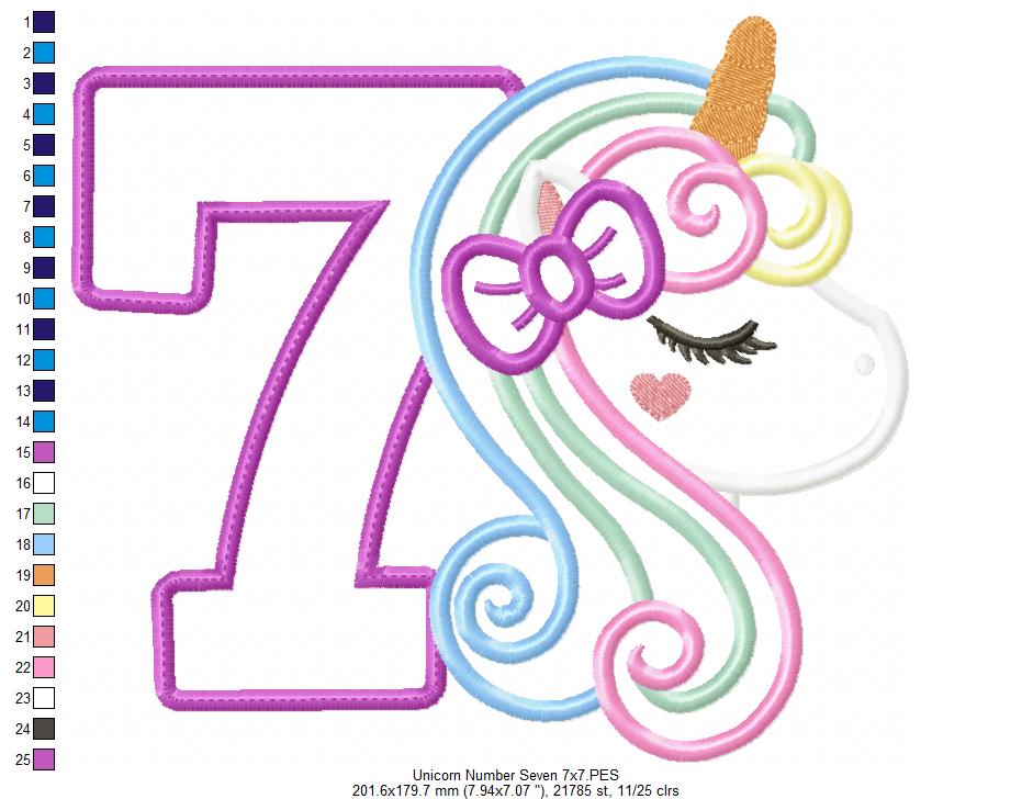 Unicorn Number 7 Seven 7th Seventh Birthday Number 7 - Applique