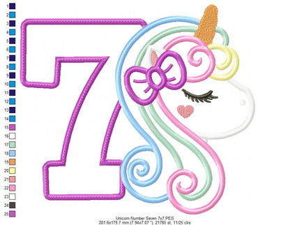 Unicorn Number 7 Seven 7th Seventh Birthday Number 7 - Applique