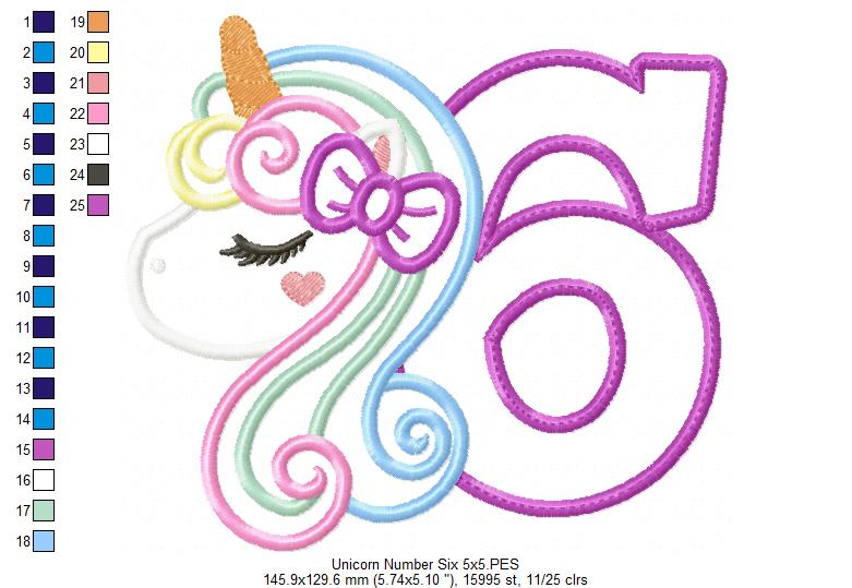 Unicorn Number 6 Six 6th Sixth Birthday Number 6 - Applique