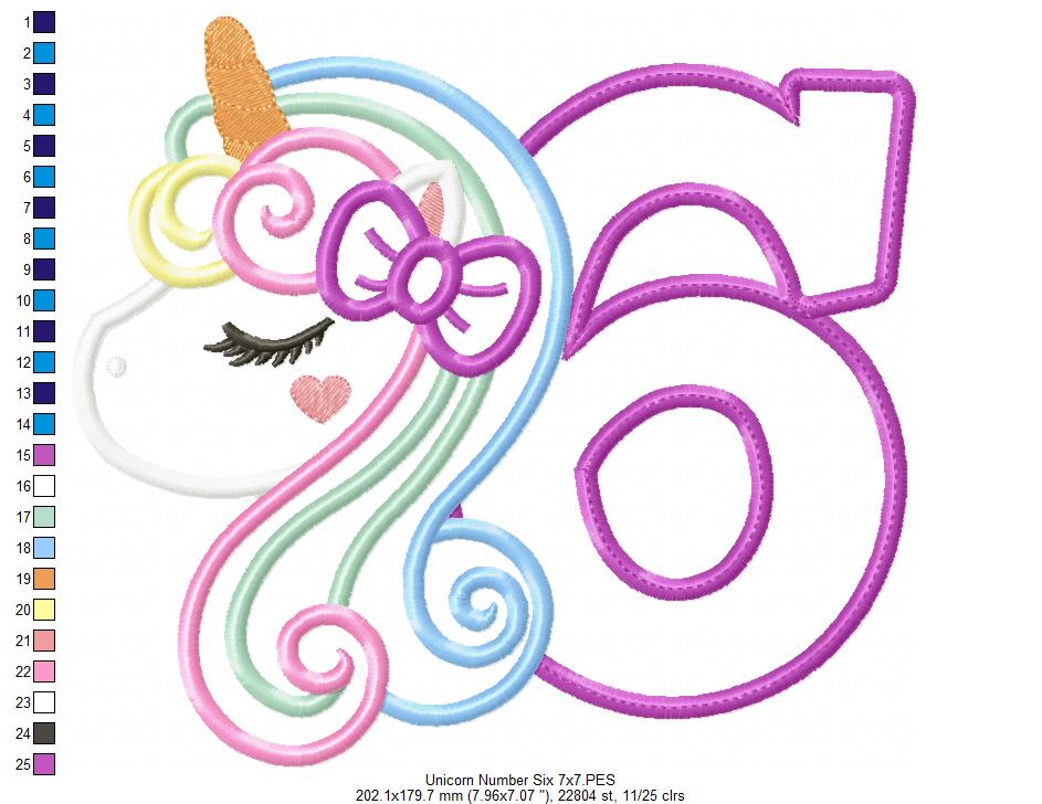Unicorn Number 6 Six 6th Sixth Birthday Number 6 - Applique