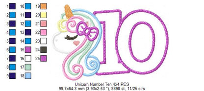 Unicorn Number 10 Ten 10th Tenth Birthday Number 10 - Applique