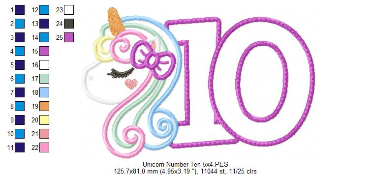 Unicorn Number 10 Ten 10th Tenth Birthday Number 10 - Applique