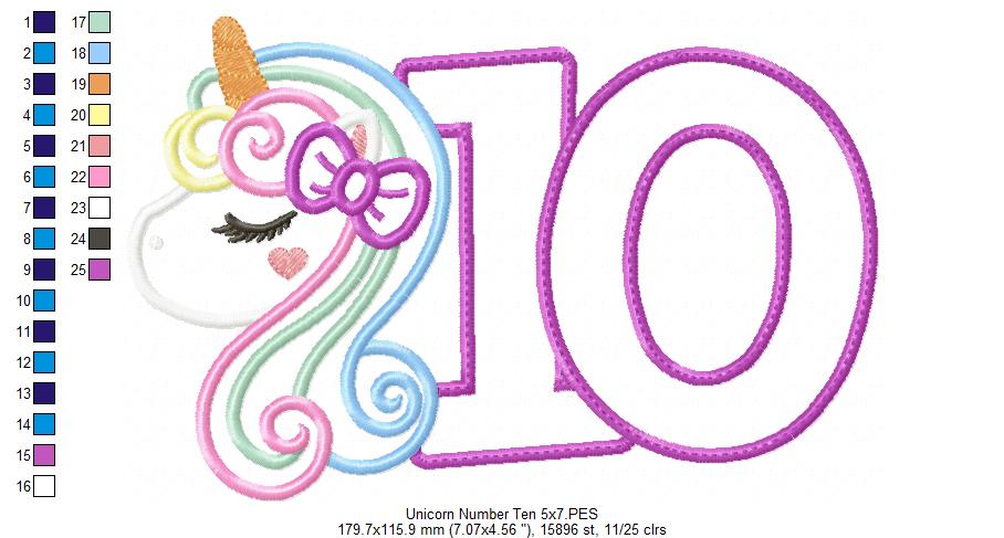 Unicorn Number 10 Ten 10th Tenth Birthday Number 10 - Applique