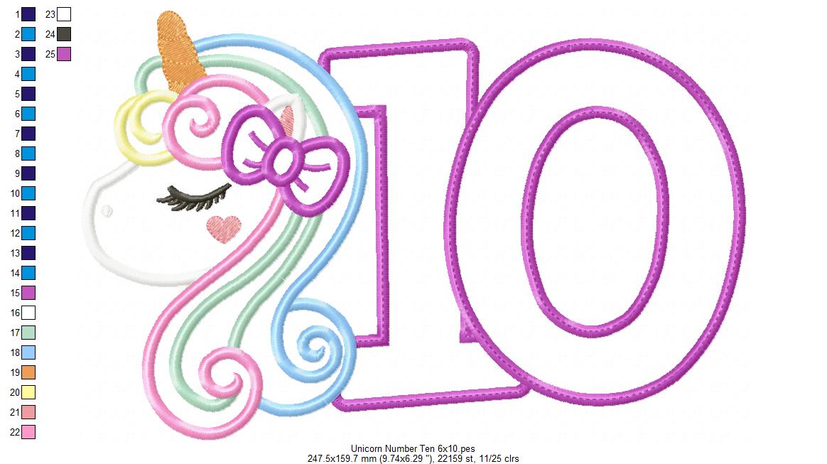 Unicorn Number 10 Ten 10th Tenth Birthday Number 10 - Applique