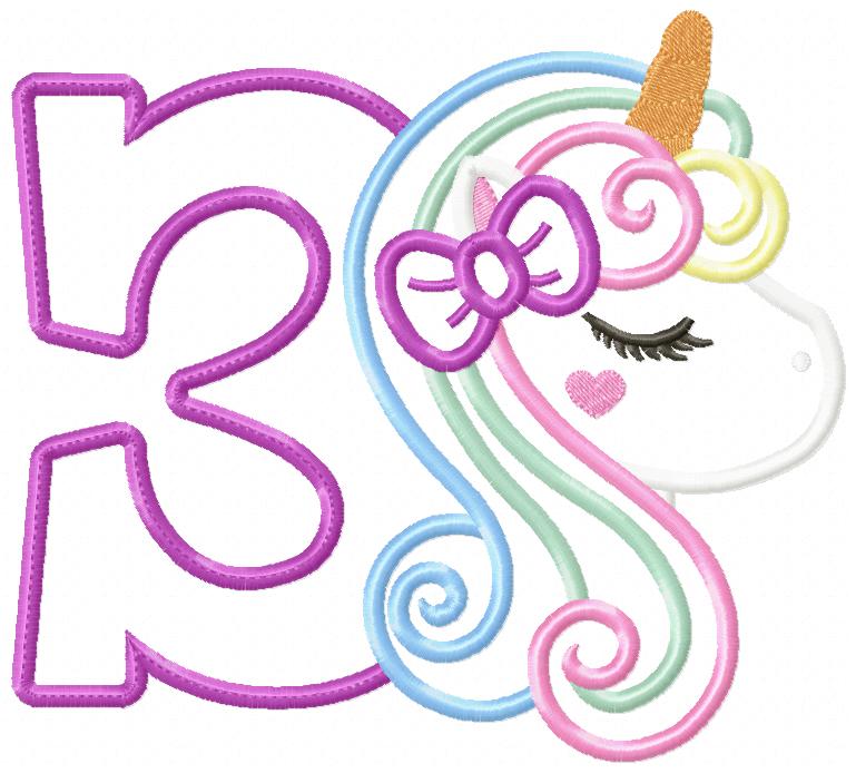 Unicorn Number 3 Three 3rd Third Birthday Number 3 - Applique