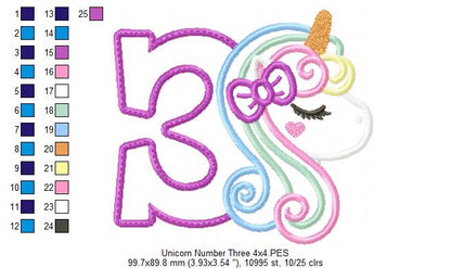 Unicorn Number 3 Three 3rd Third Birthday Number 3 - Applique