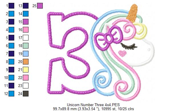 Unicorn Number 3 Three 3rd Third Birthday Number 3 - Applique