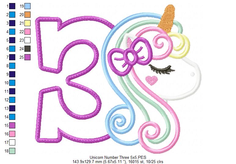 Unicorn Number 3 Three 3rd Third Birthday Number 3 - Applique