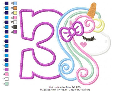Unicorn Number 3 Three 3rd Third Birthday Number 3 - Applique