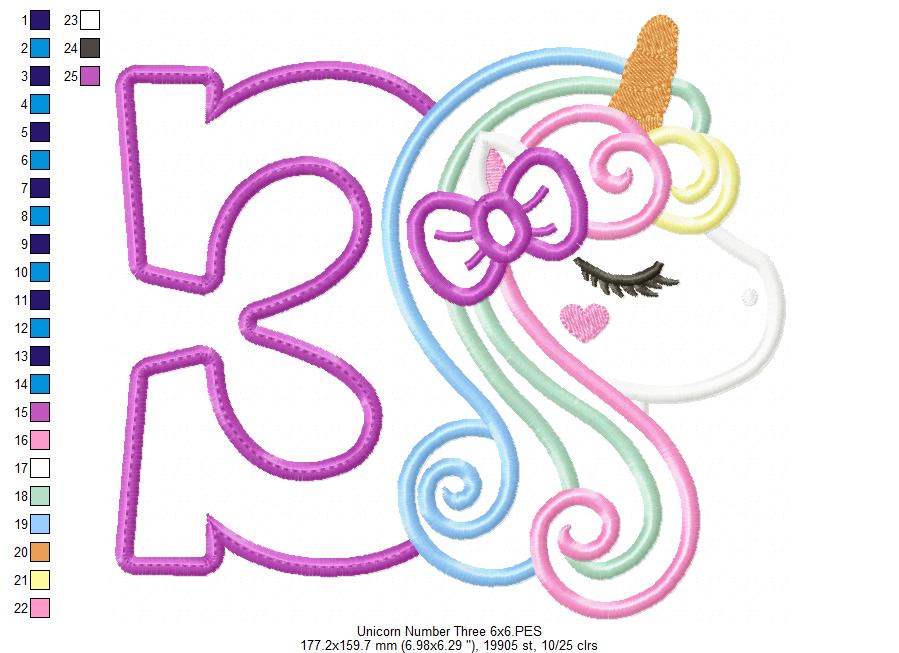 Unicorn Number 3 Three 3rd Third Birthday Number 3 - Applique