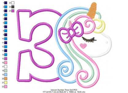 Unicorn Number 3 Three 3rd Third Birthday Number 3 - Applique