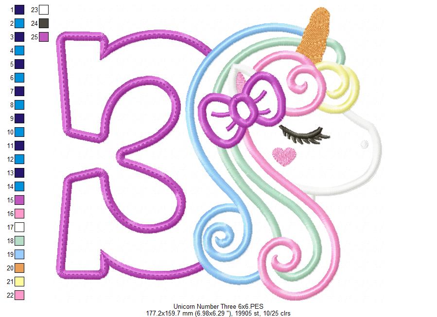 Unicorn Number 3 Three 3rd Third Birthday Number 3 - Applique