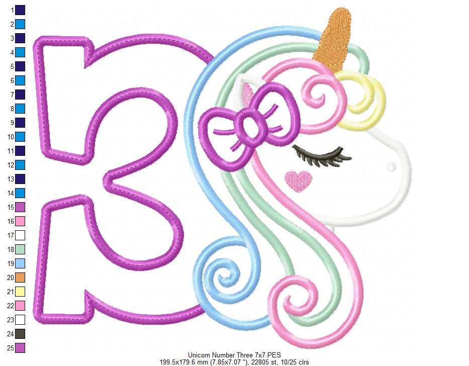 Unicorn Number 3 Three 3rd Third Birthday Number 3 - Applique
