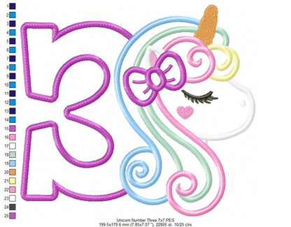 Unicorn Number 3 Three 3rd Third Birthday Number 3 - Applique