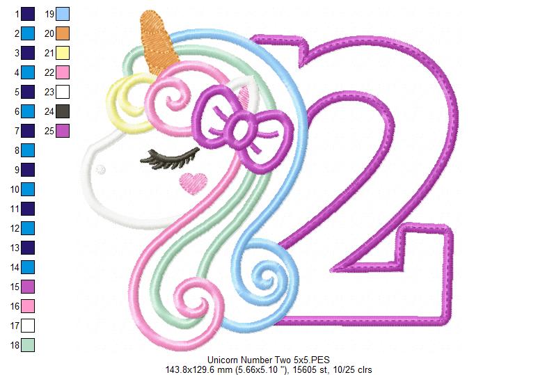 Unicorn Number 2 Two 2nd Birthday - Applique