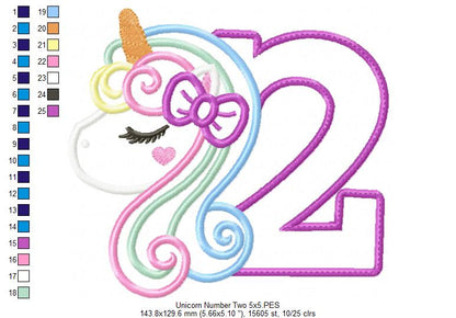Unicorn Number 2 Two 2nd Birthday - Applique