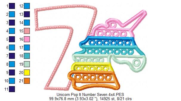 Unicorn Pop It Birthday Number Seven 7th Birthday - Applique - Machine Embroidery Design