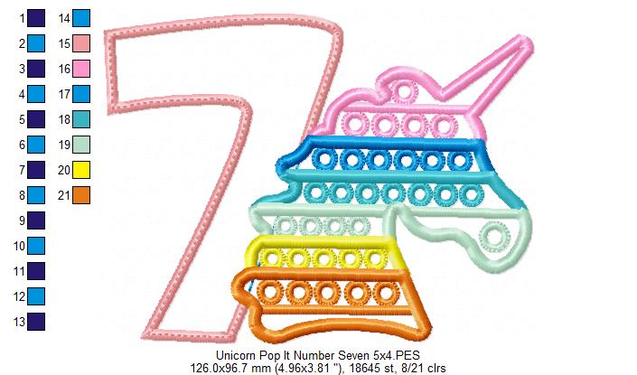 Unicorn Pop It Birthday Number Seven 7th Birthday - Applique - Machine Embroidery Design