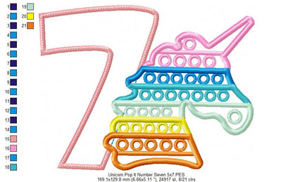 Unicorn Pop It Birthday Number Seven 7th Birthday - Applique - Machine Embroidery Design