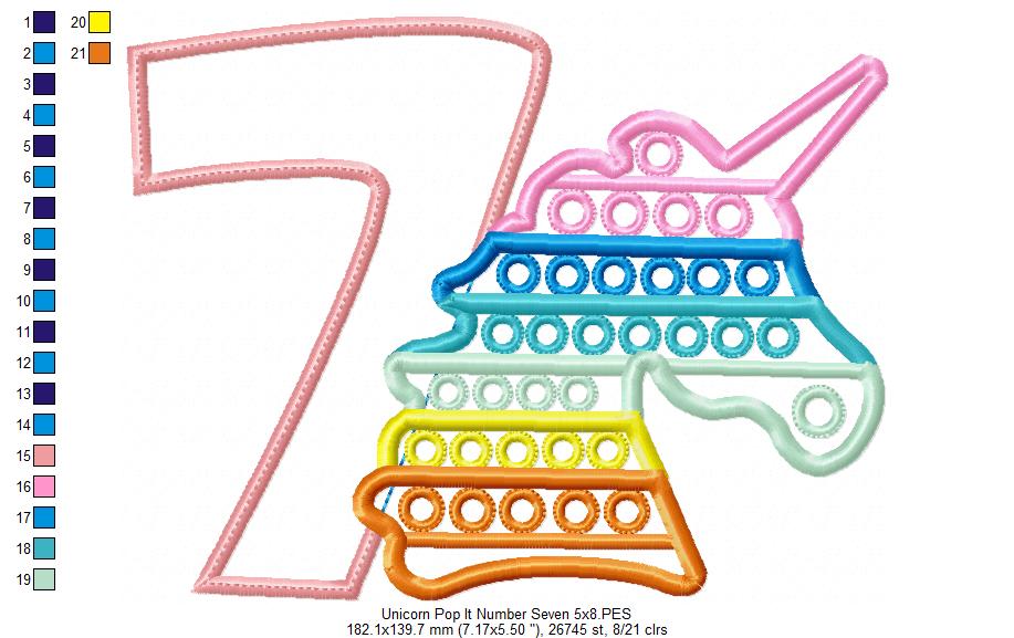 Unicorn Pop It Birthday Number Seven 7th Birthday - Applique - Machine Embroidery Design