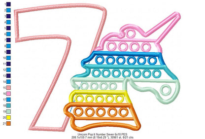 Unicorn Pop It Birthday Number Seven 7th Birthday - Applique - Machine Embroidery Design