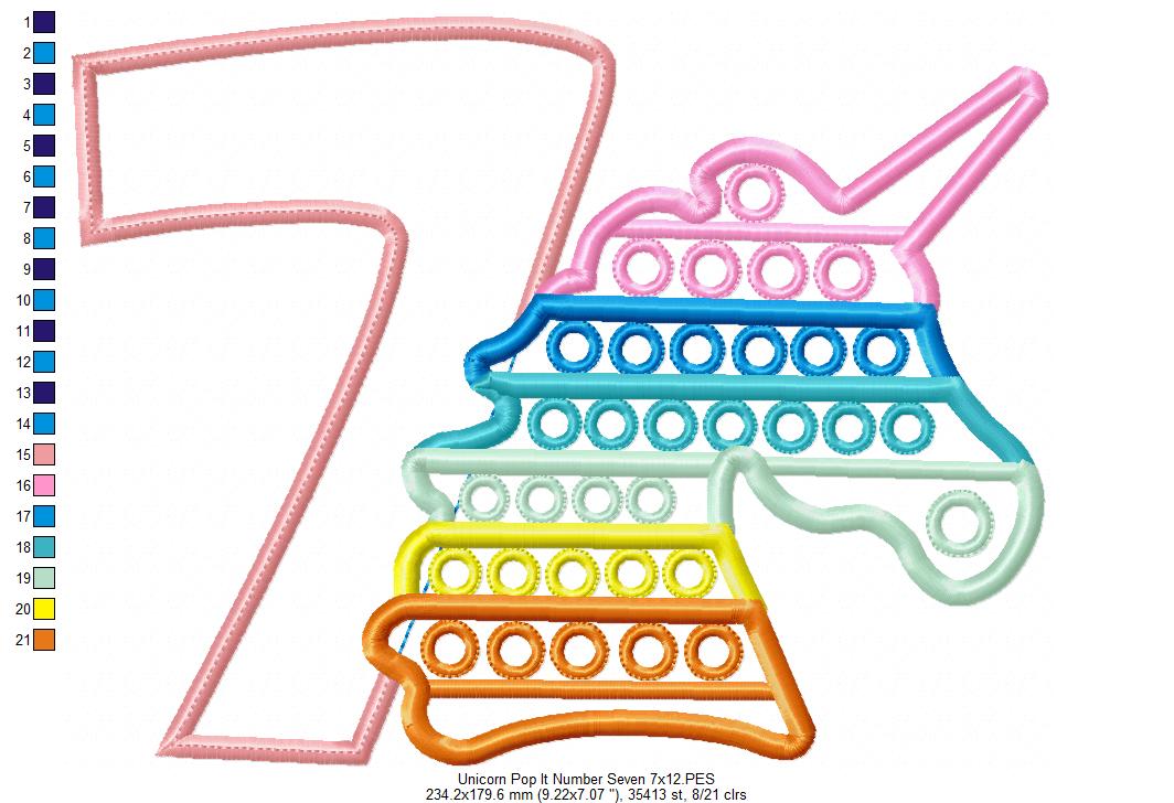 Unicorn Pop It Birthday Number Seven 7th Birthday - Applique - Machine Embroidery Design