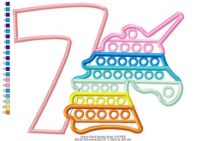 Unicorn Pop It Birthday Number Seven 7th Birthday - Applique - Machine Embroidery Design