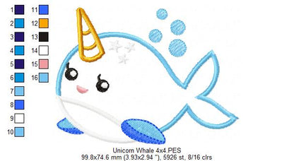 Cute Unicorn Whale - Appliqué - Machine Embroidery Design