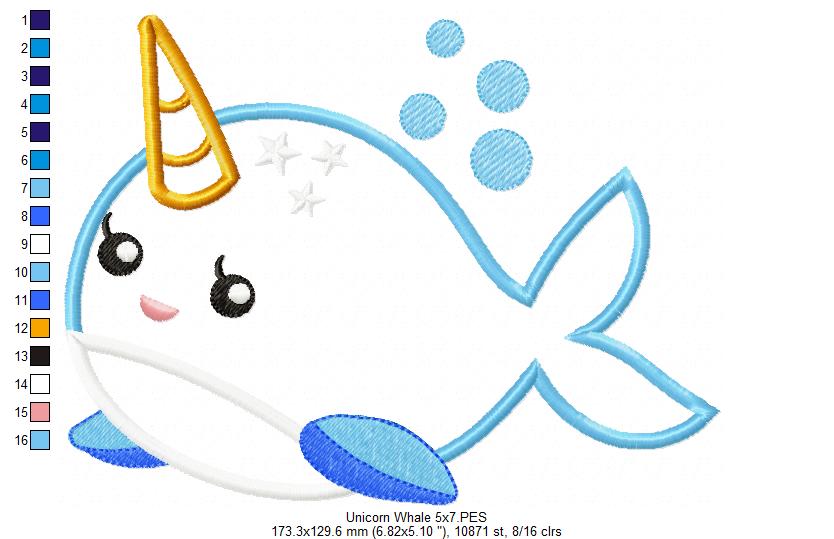 Cute Unicorn Whale - Appliqué - Machine Embroidery Design