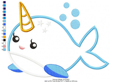 Cute Unicorn Whale - Appliqué - Machine Embroidery Design