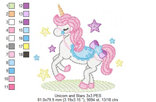 Unicorn and Stars - Fill Stitch - Machine Embroidery Design