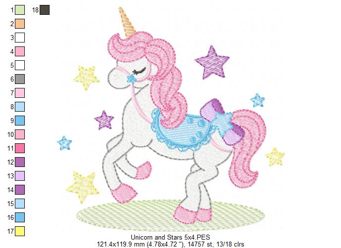 Unicorn and Stars - Fill Stitch - Machine Embroidery Design