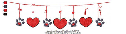 Valentines Hanging Paws and Hearts - Fill Stitch - Machine Embroidery Design