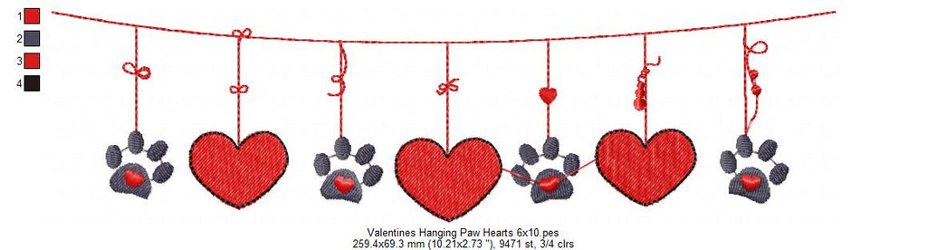 Valentines Hanging Paws and Hearts - Fill Stitch
