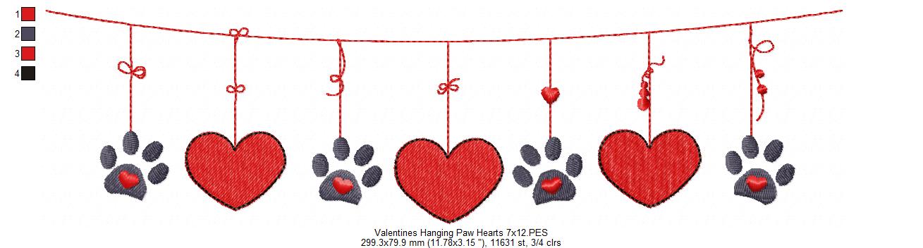 Valentines Hanging Paws and Hearts - Fill Stitch - Machine Embroidery Design