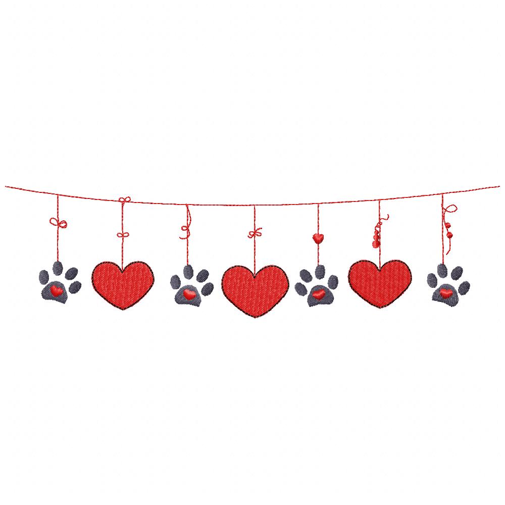 Valentines Hanging Paws and Hearts - Fill Stitch - Machine Embroidery Design