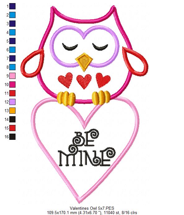 Sweet Owl Be Mine Heart – Appliqué – Machine Embroidery Design
