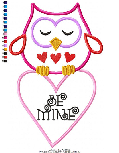 Sweet Owl Be Mine Heart – Appliqué – Machine Embroidery Design