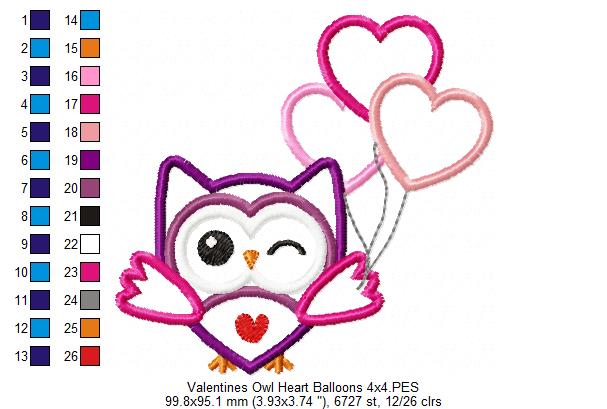 Valentine's Owl Heart Balloons - Applique
