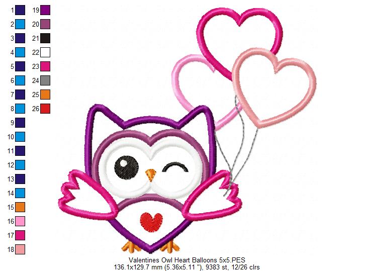 Valentine's Owl Heart Balloons - Applique