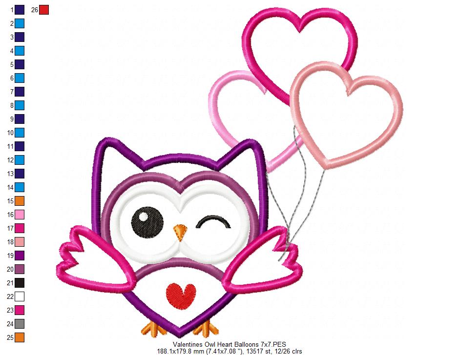 Valentine's Owl Heart Balloons - Applique