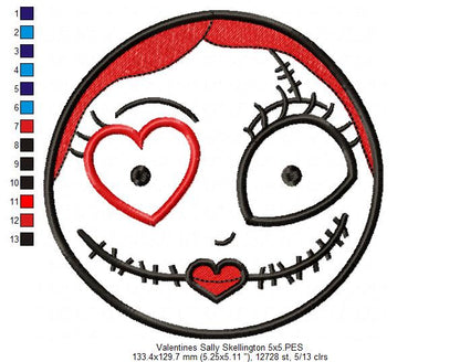 Valentines Skellington Girl - Applique Embroidery
