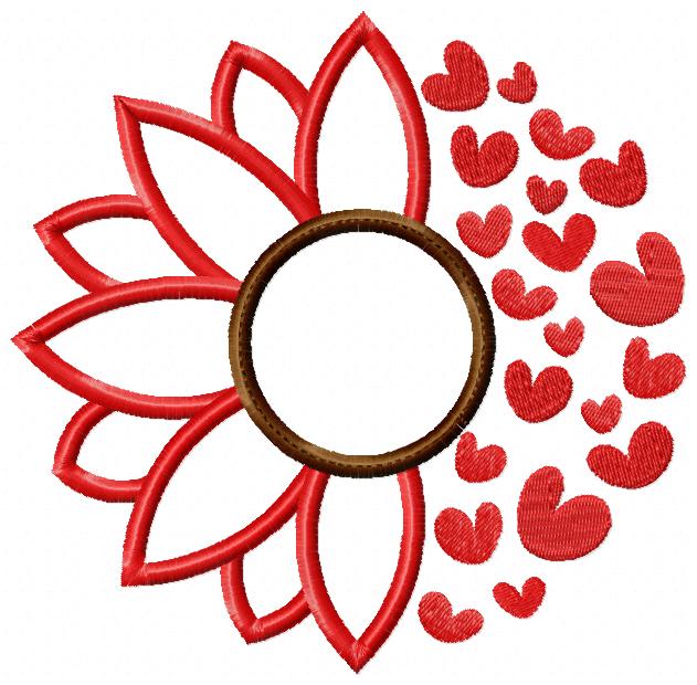 Valentines Sunflower and Hearts - Applique - Machine Embroidery Design