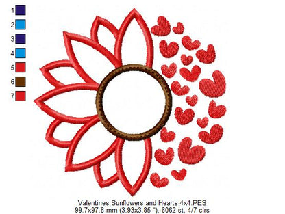 Valentines Sunflower and Hearts - Applique - Machine Embroidery Design