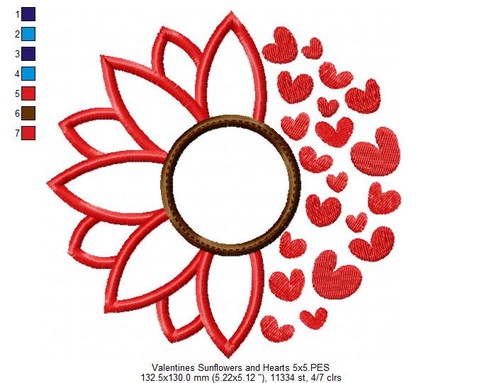 Valentines Sunflower and Hearts - Applique - Machine Embroidery Design