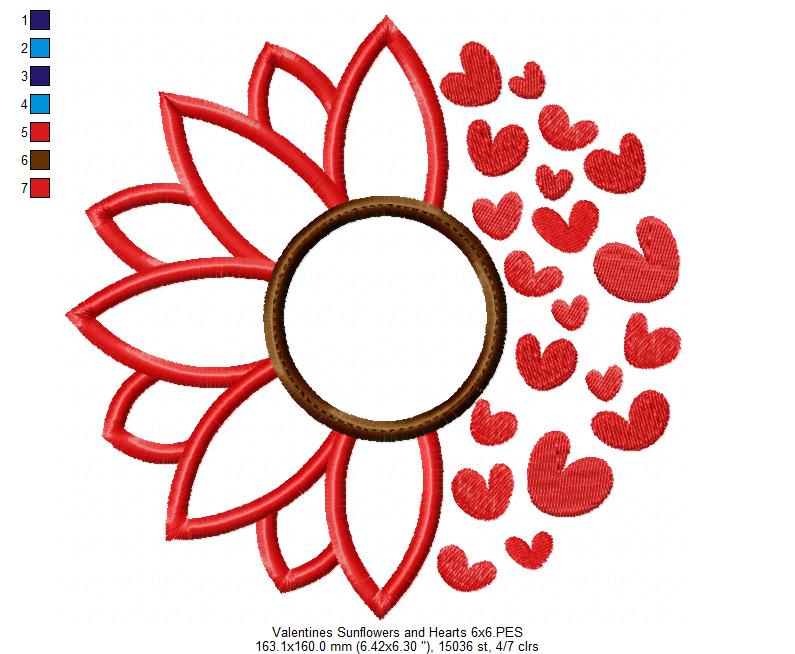Valentines Sunflower and Hearts - Applique - Machine Embroidery Design
