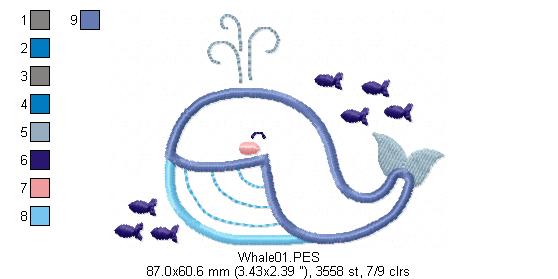 Cute Whale - Applique - Machine Embroidery Design