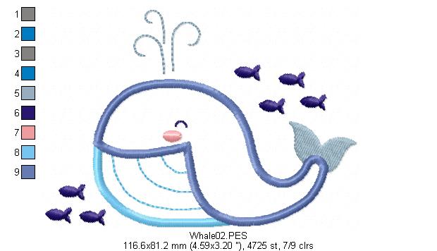 Cute Whale - Applique - Machine Embroidery Design